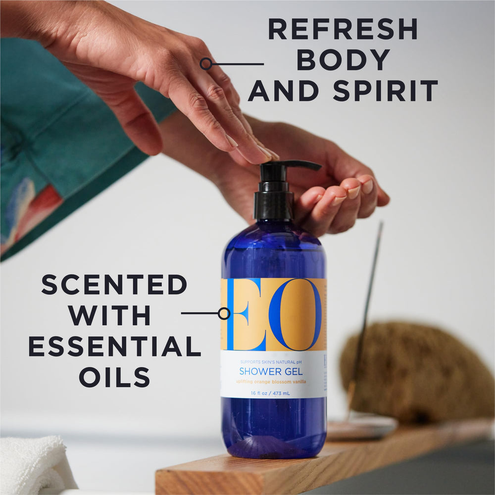 EO Orange Blossom Vanilla Shower Gel label closeup showing natural ingredients and clean formula.