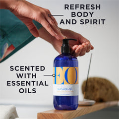 EO Orange Blossom Vanilla Shower Gel label closeup showing natural ingredients and clean formula.