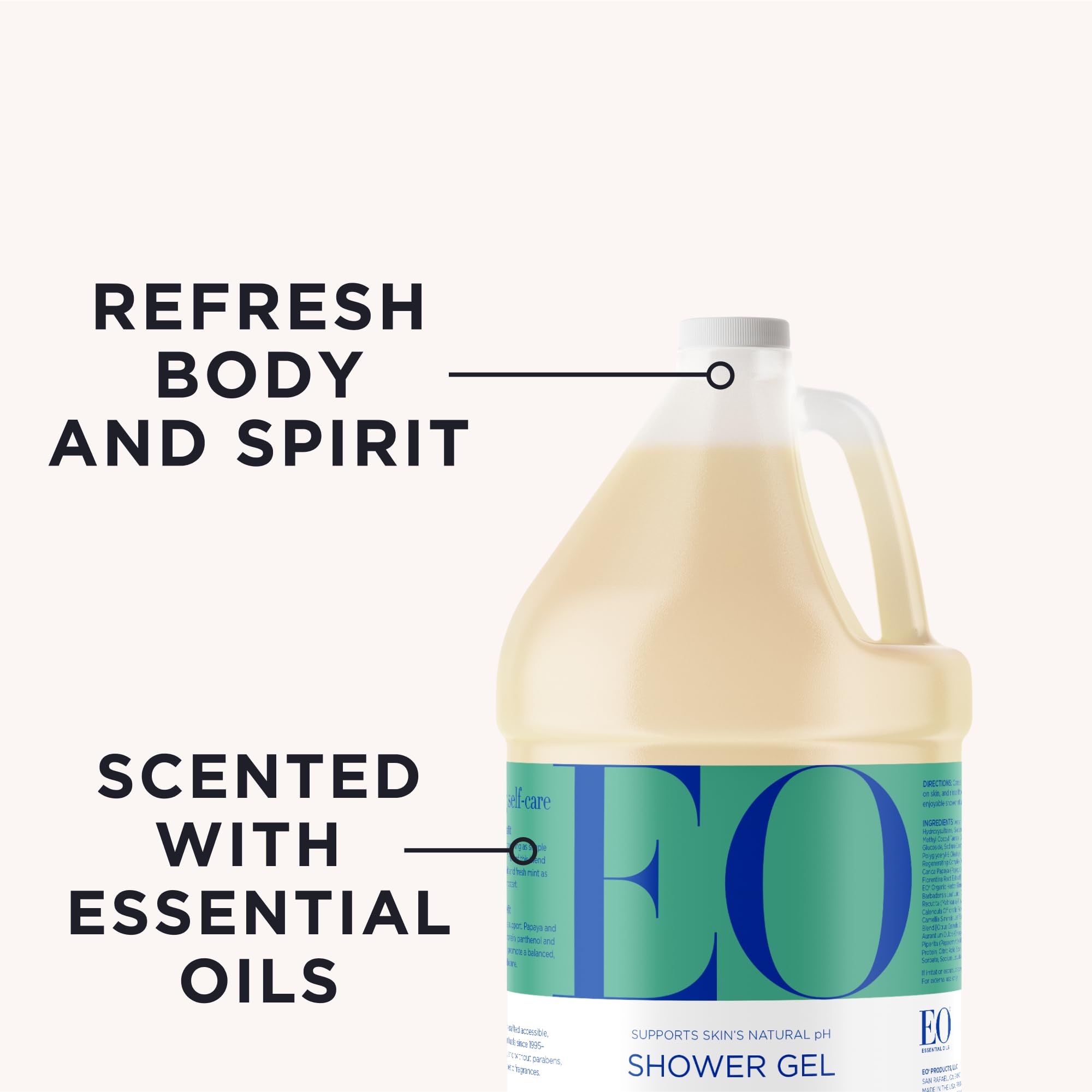 EO Shower Gel 1-gallon refill bottle on eco-friendly packaging