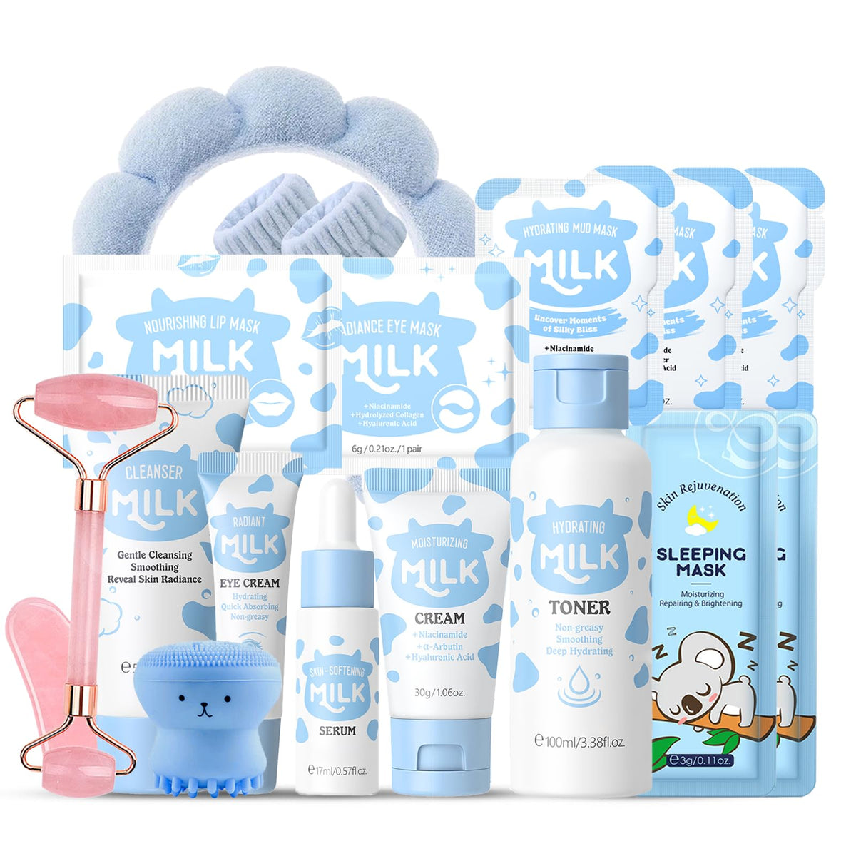 EONFAVE milk skin care set display for kids and teens, showcasing complete routine kit.