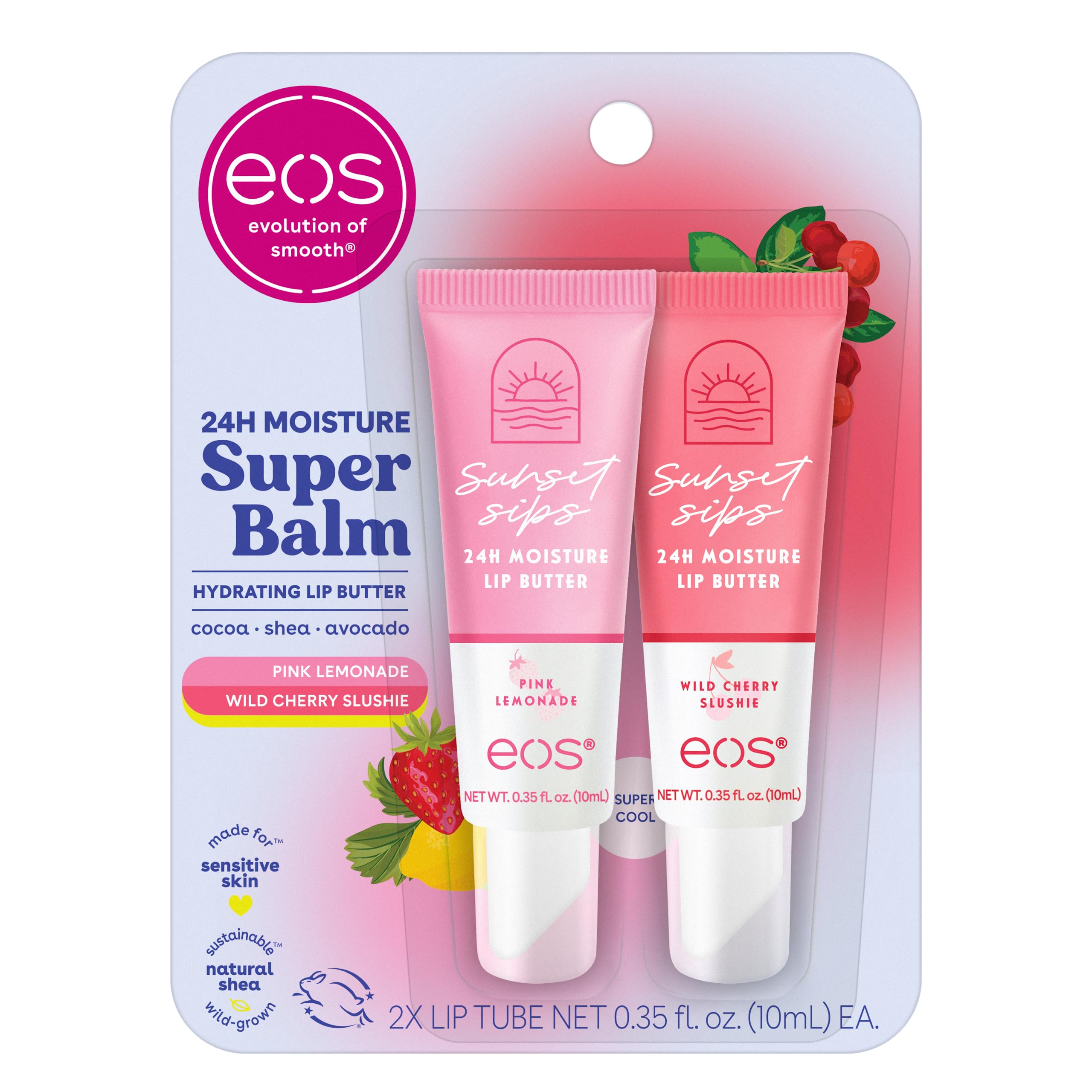 Bálsamo EOS 24H Pink Lemonade, limonada-rosa para hidratación diaria de labios.