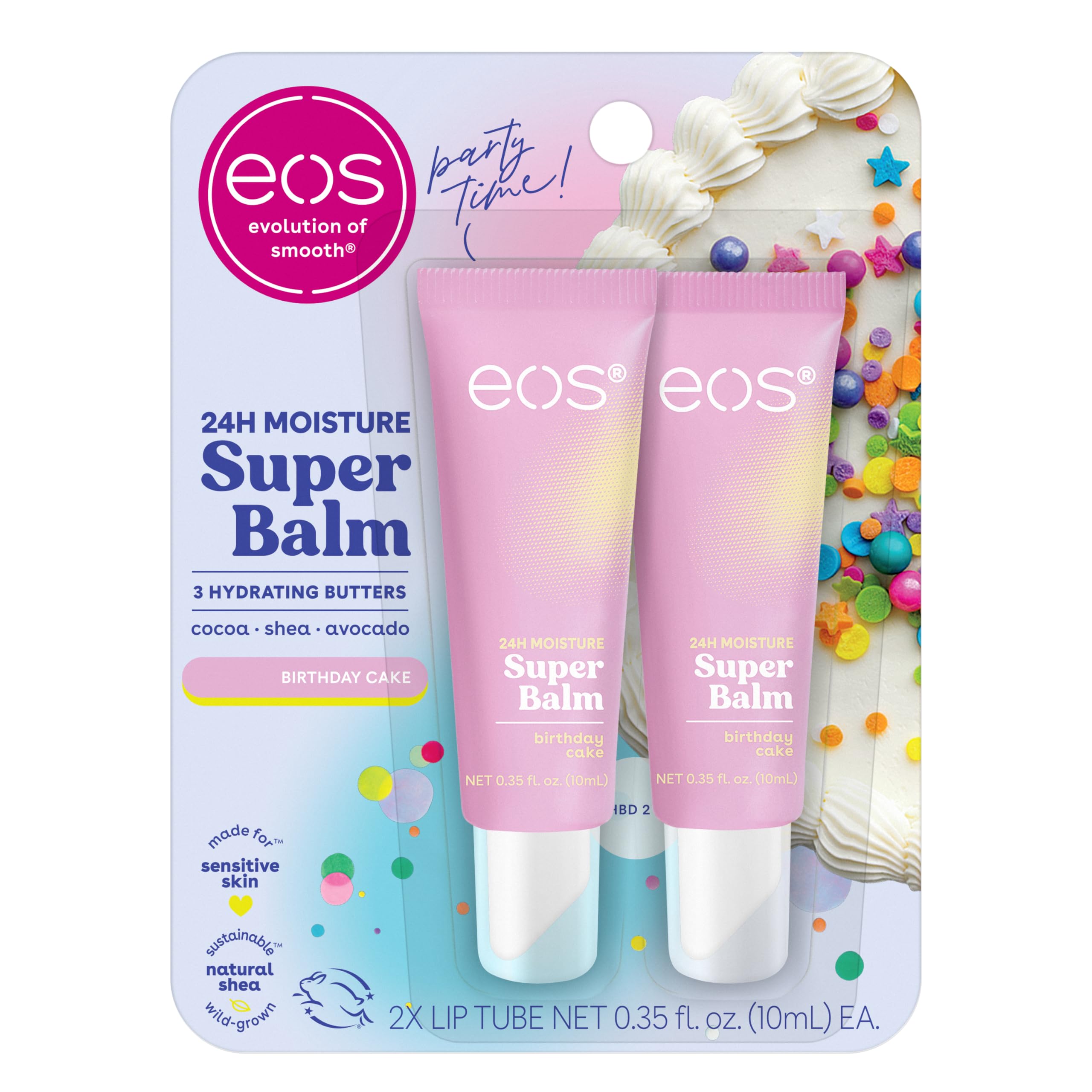 Bálsamo labial eos 24h con sabor pastel de cumpleaños para labios suaves.