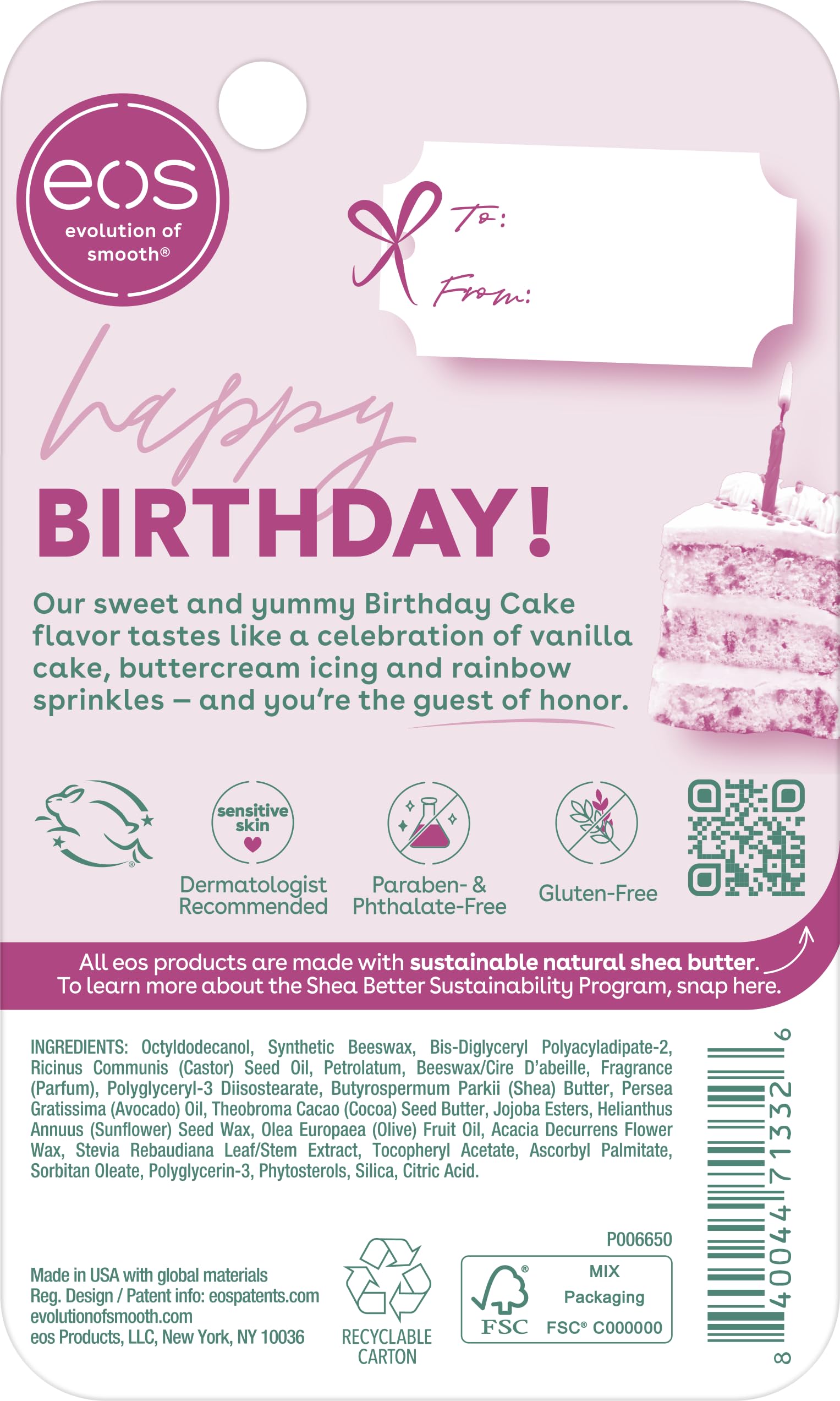 eos Birthday Cake balm is cruelty-free with sustainably sourced ingredients.