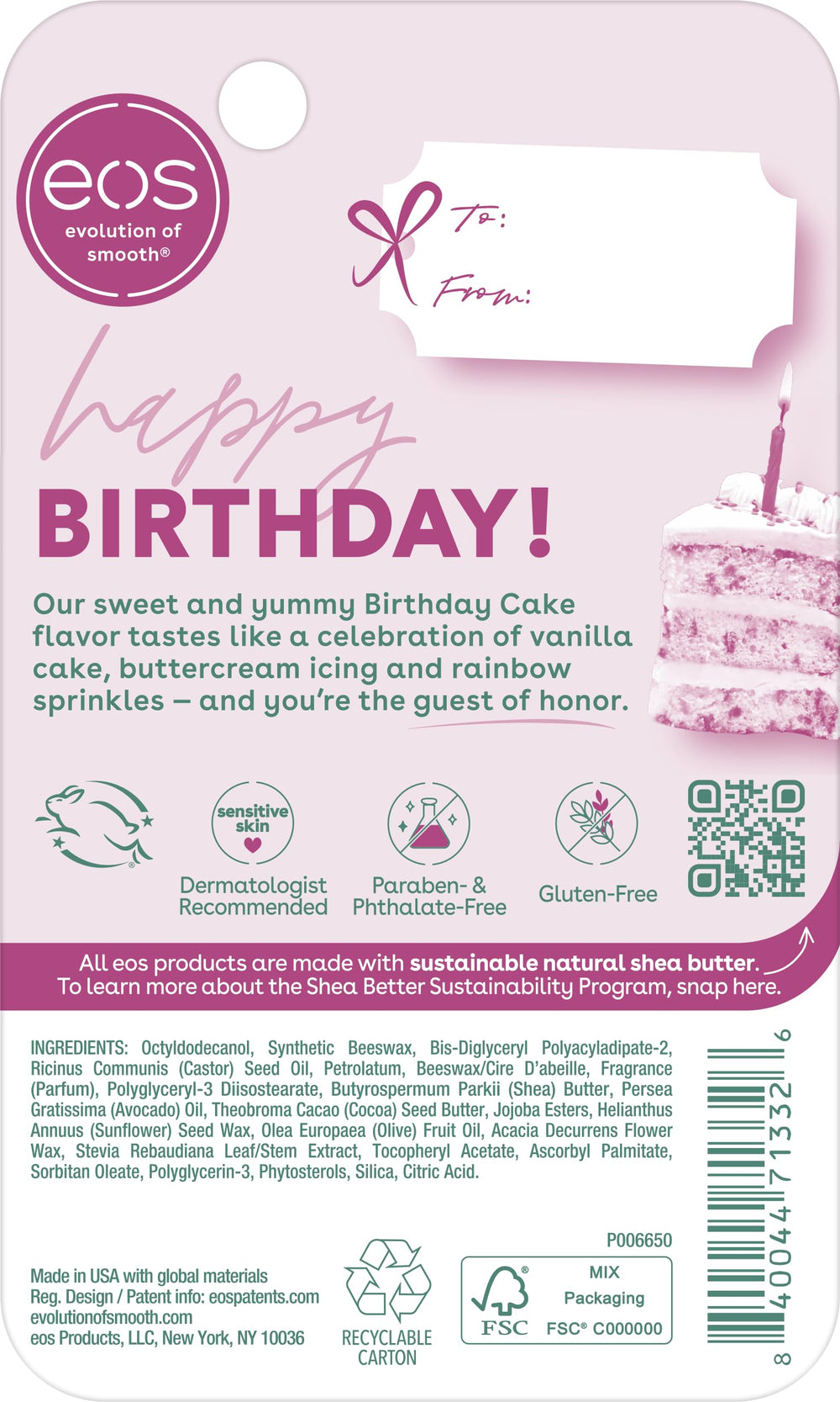 eos Birthday Cake balm is cruelty-free with sustainably sourced ingredients.