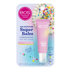 eos Birthday Cake Moisture Super Balm packaging highlights on-the-go hydration.