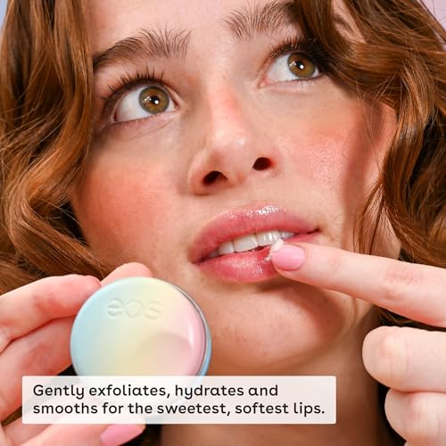 eos Brown Sugar Bubble Lip Scrub jar detail emphasizes gentle exfoliation and moisture.