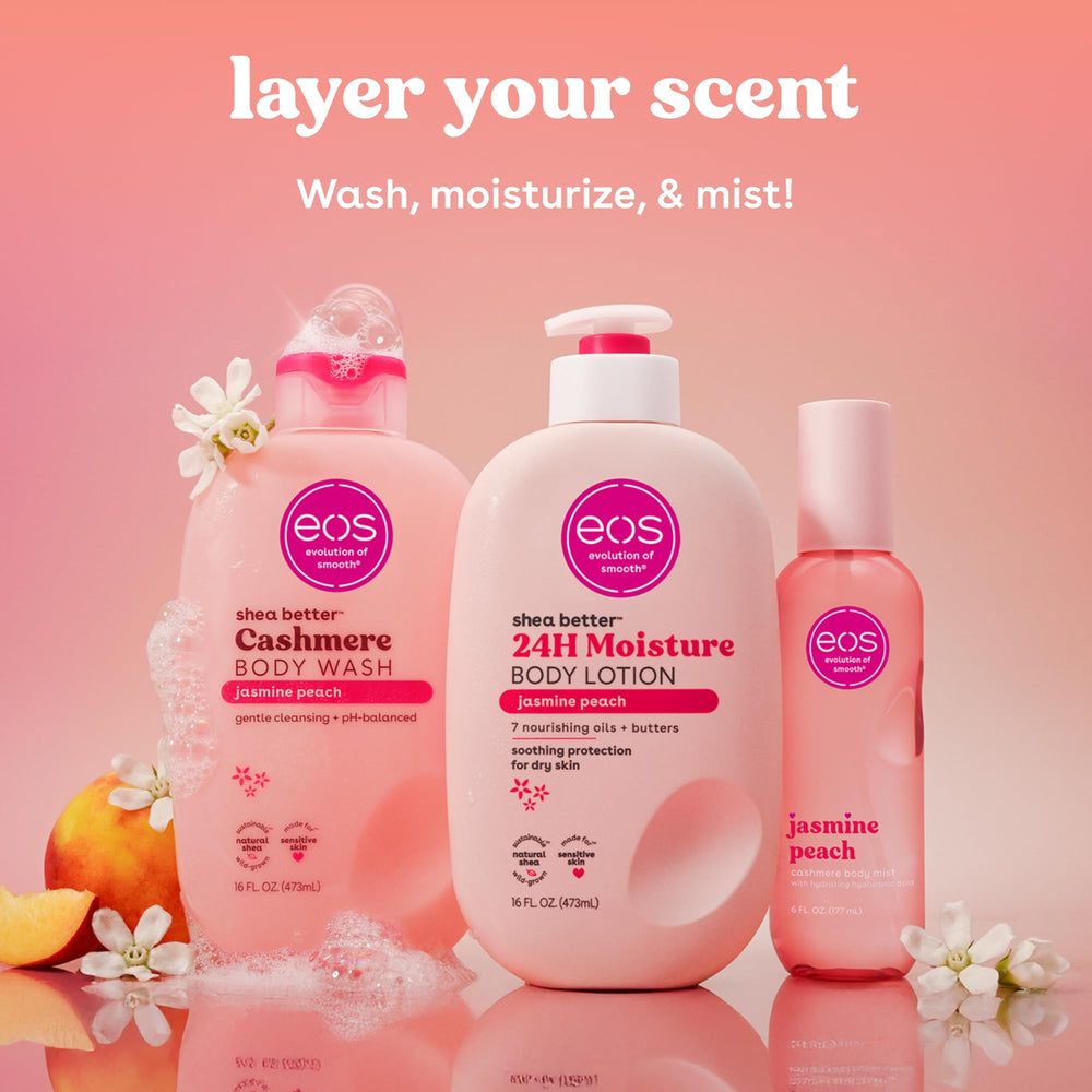 EOS Cashmere Body Mist notes highlight jasmine and peach fragrance.