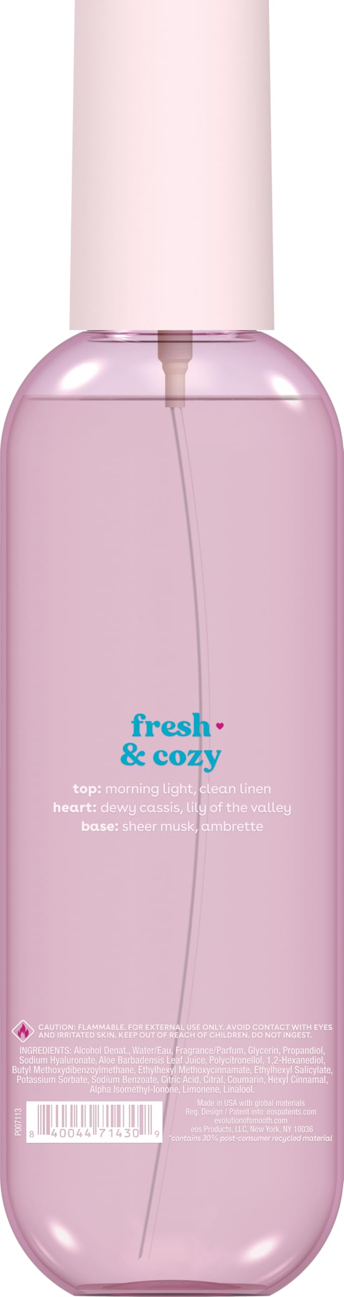 eos Cashmere Body Mist packaging notes paraben-free, phthalates-free, gluten-free, and dye-free