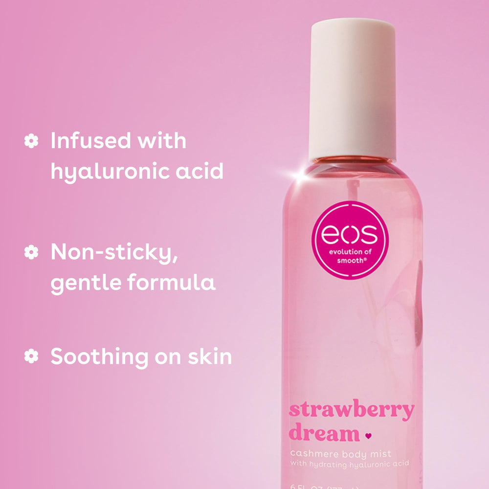 EOS Cashmere mist with hyaluronic acid locks in moisture.