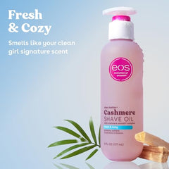 eos Cashmere Shave Oil bottle angle shows travel-friendly skincare on the go