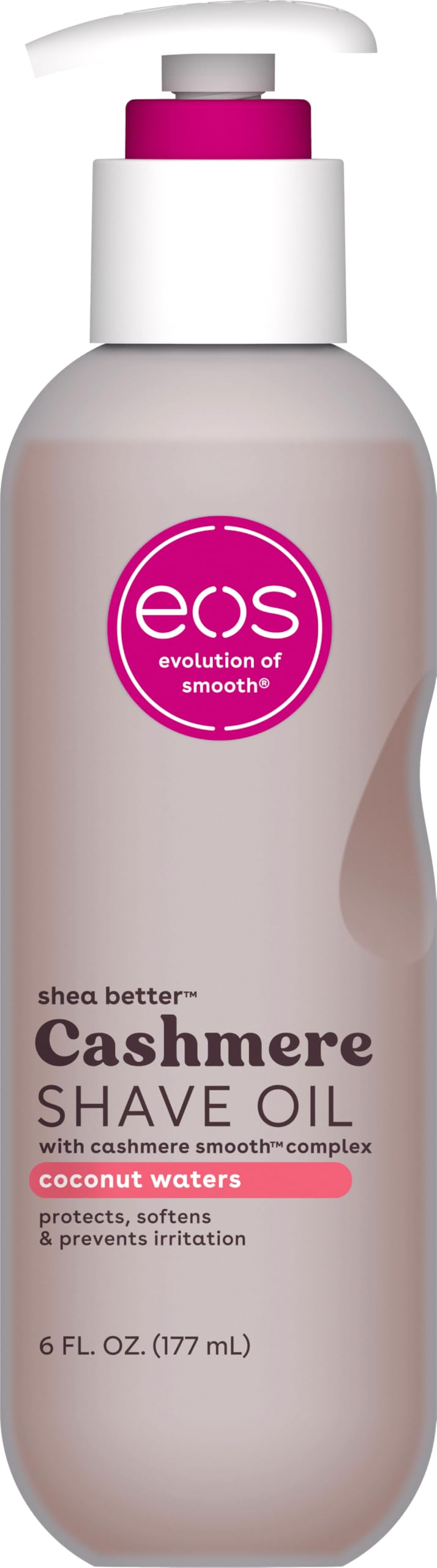 eos Cashmere Shave Oil Coconut Waters bottle offers smooth glide for sensitive skin