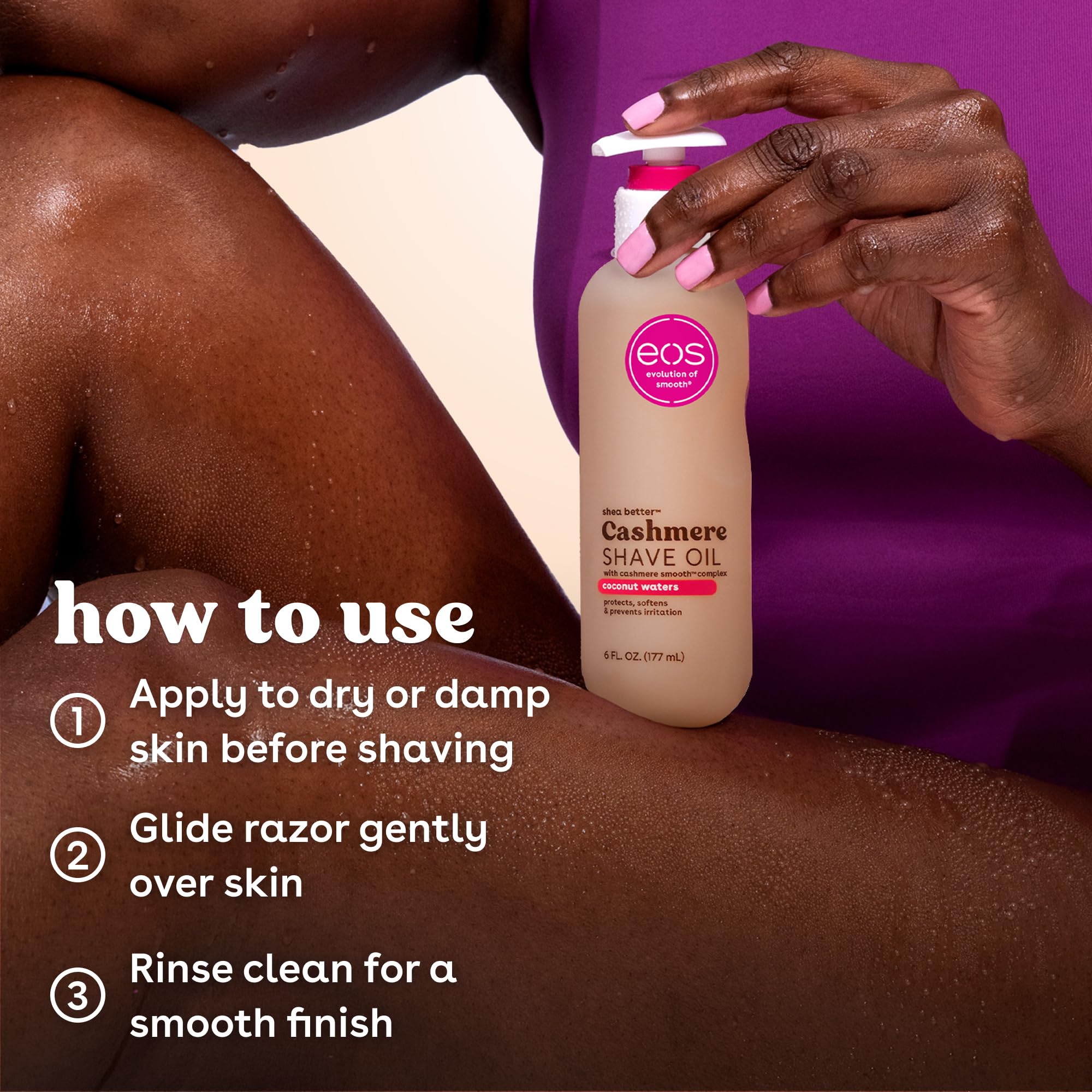 fragrance swirls of eos Cashmere Shave Oil Coconut Waters evoke tropical notes
