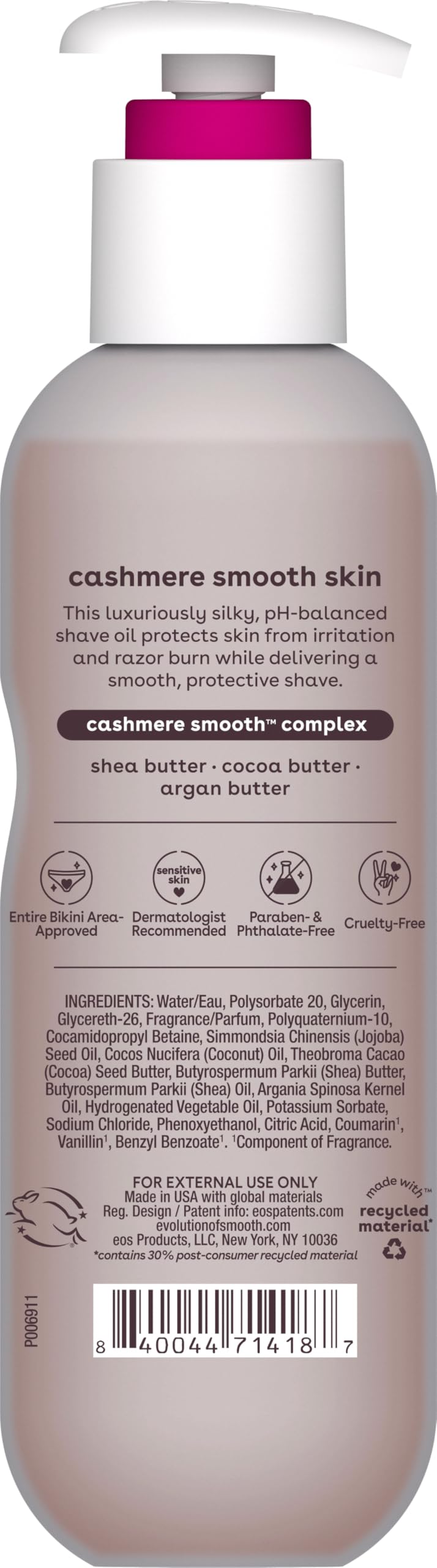 ingredients of eos Cashmere Shave Oil Coconut Waters focused on shea and glycerin