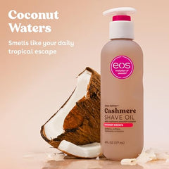 eos Cashmere Shave Oil Coconut Waters pump demonstrates easy dispensing
