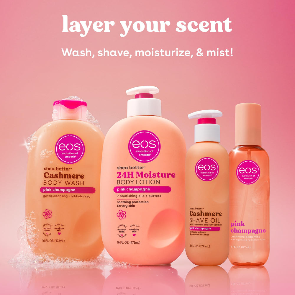 eos Cashmere Shave Oil pink champagne fragrance enhances daily routine