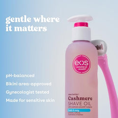 eos Cashmere Shave Oil texture application demonstrates smooth glide during shaving