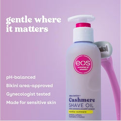 eos Cashmere Shave Oil bottle graphic highlights vegan, cruelty-free formula