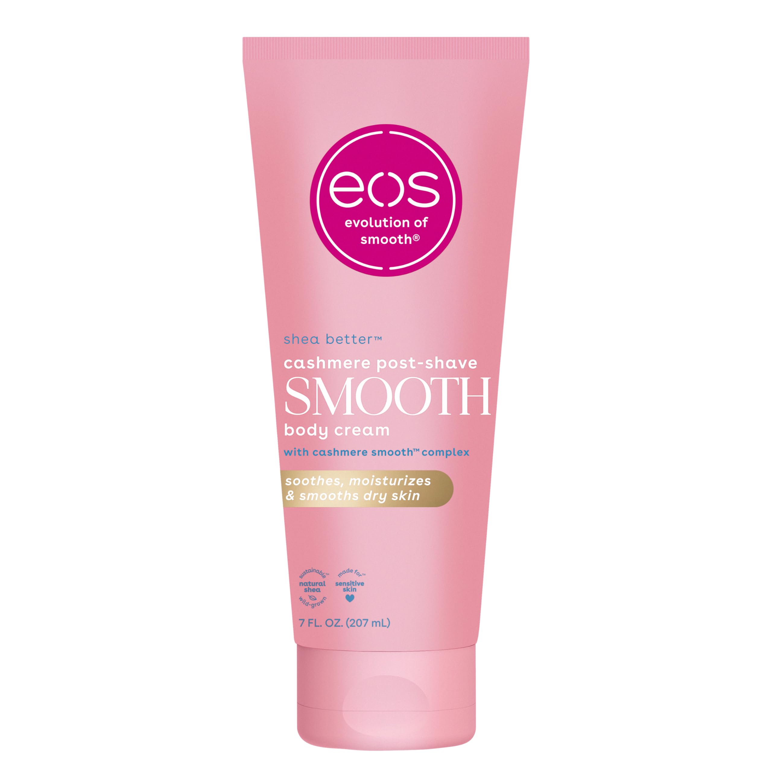 eos Cashmere Skin: crema corporal post-afeitado en frasco, piel suave y bien hidratada.