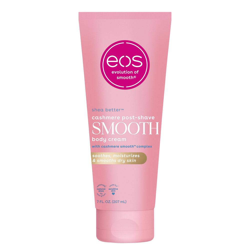 eos Cashmere Skin: crema corporal post-afeitado en frasco, piel suave y bien hidratada.