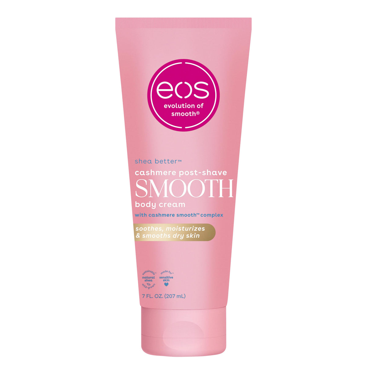 eos Cashmere Skin: crema corporal post-afeitado en frasco, piel suave y bien hidratada.