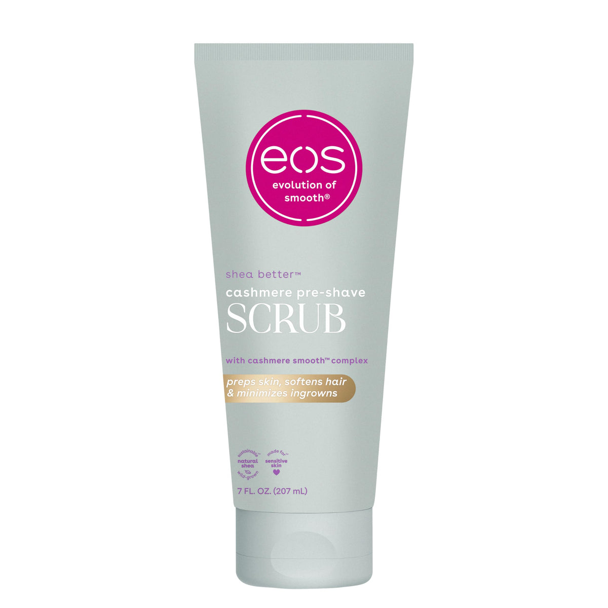 eos Cashmere Skin Collection: botella muestra exfoliante pre-afeitado para un afeitado cómodo
