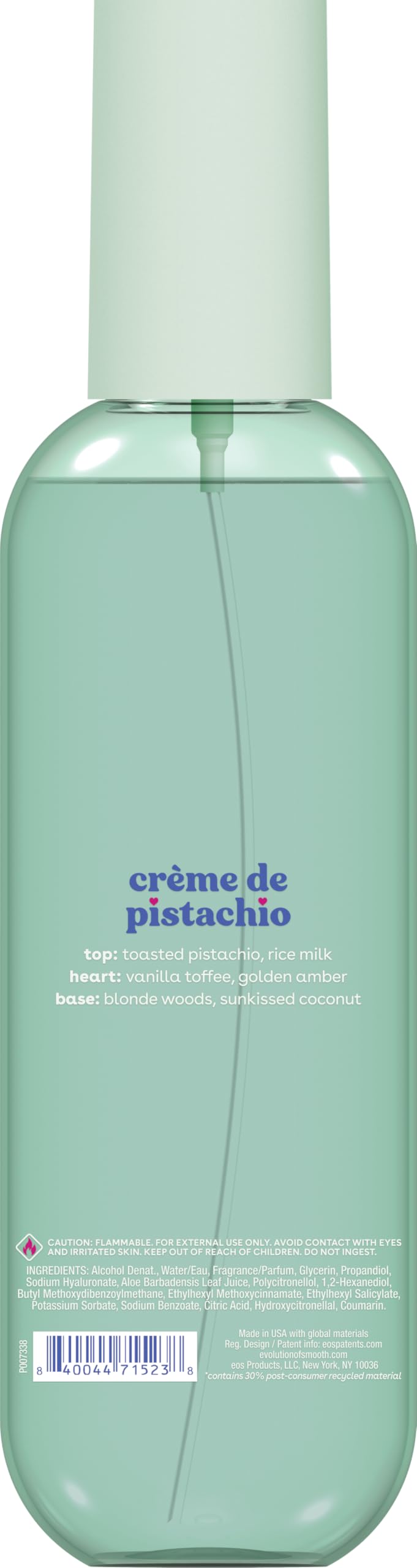 eos Crème de Pistachio bottle close-up with label detail.