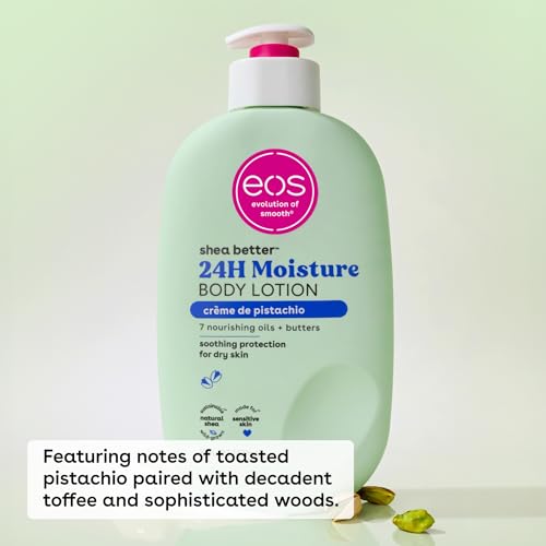 Close-up texture of eos Creme de Pistachio cream showing creamy absorption without greasiness.