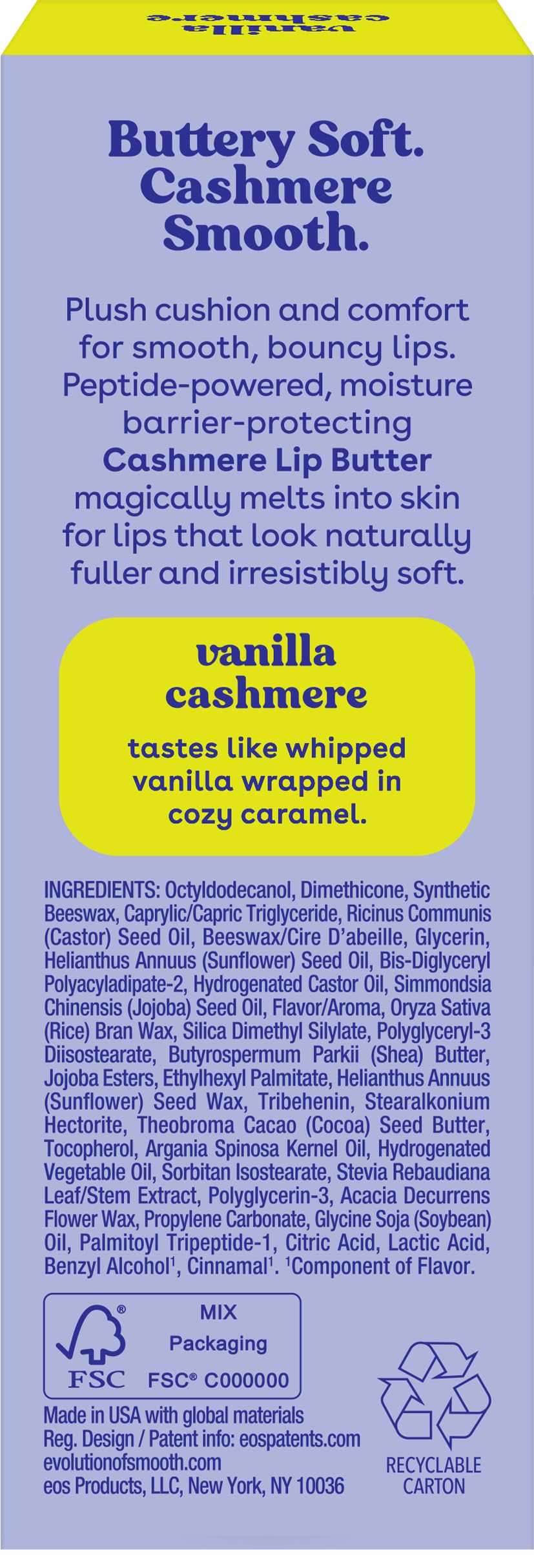EOS cruelty-free emblem on tube emphasizing ethical lip care.