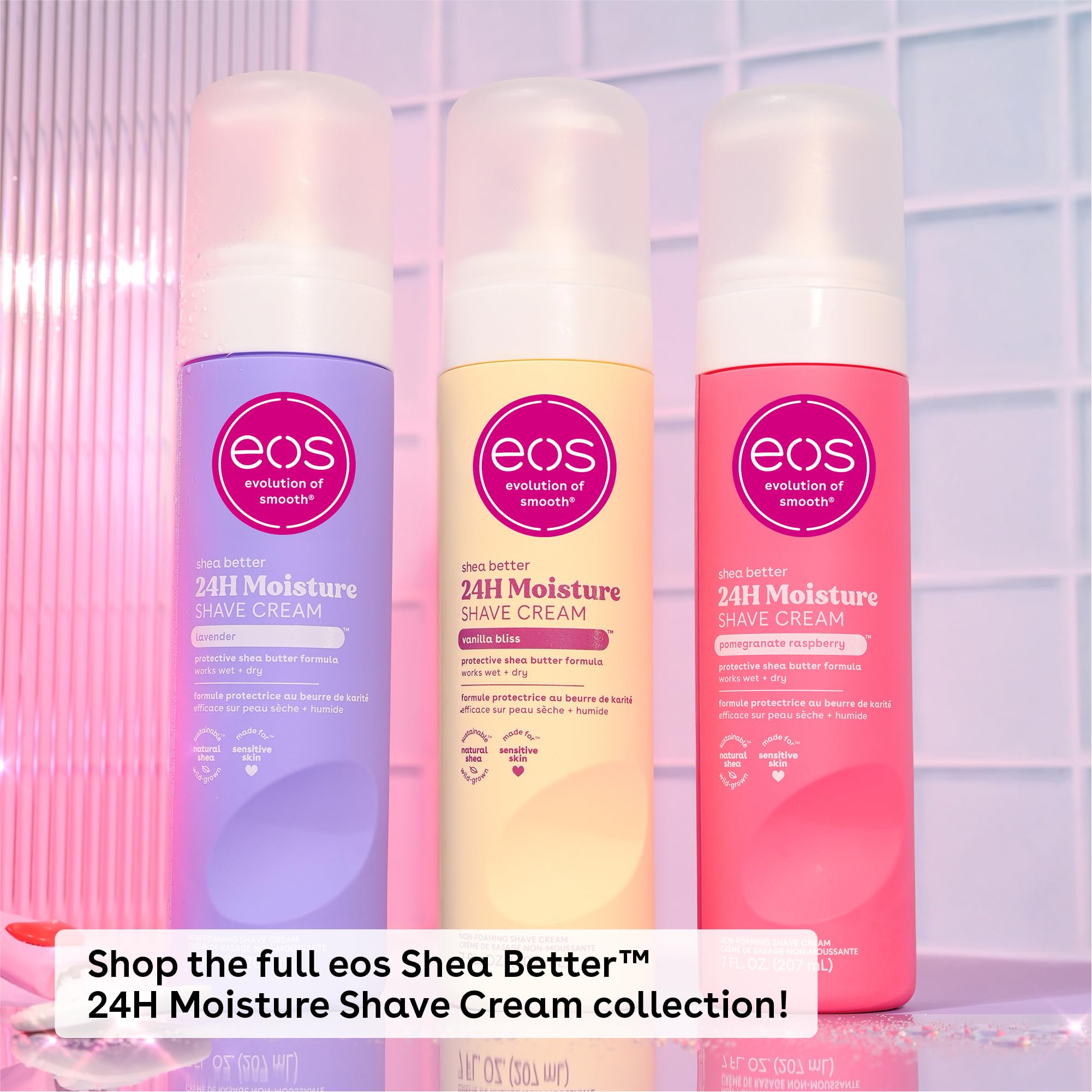eos shave cream vegan logo emphasizes cruelty-free, dermatologist-tested care.