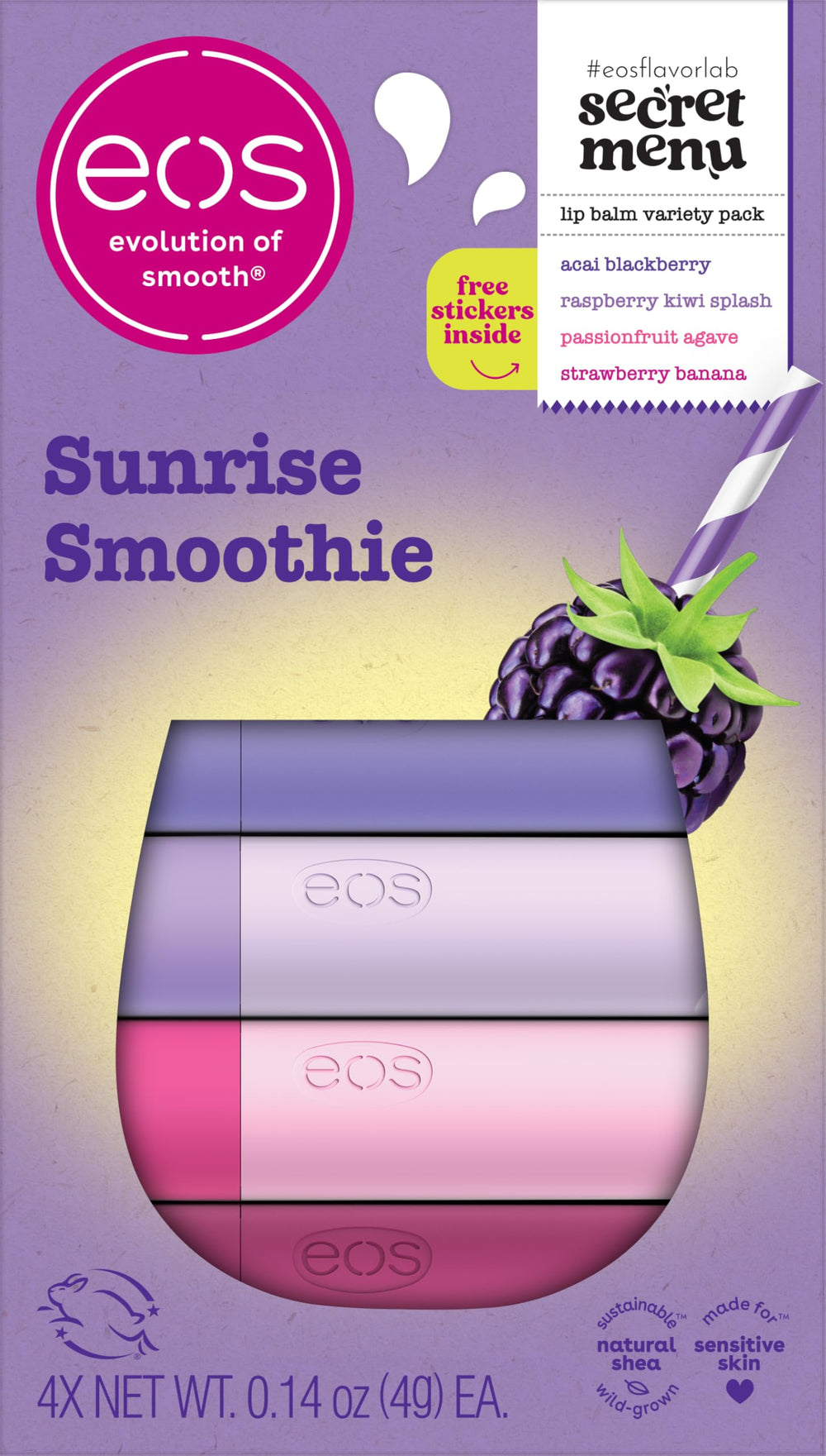 Bálsamo eos Amanecer Batido, sabor acai mora, hidratación suave para labios.
