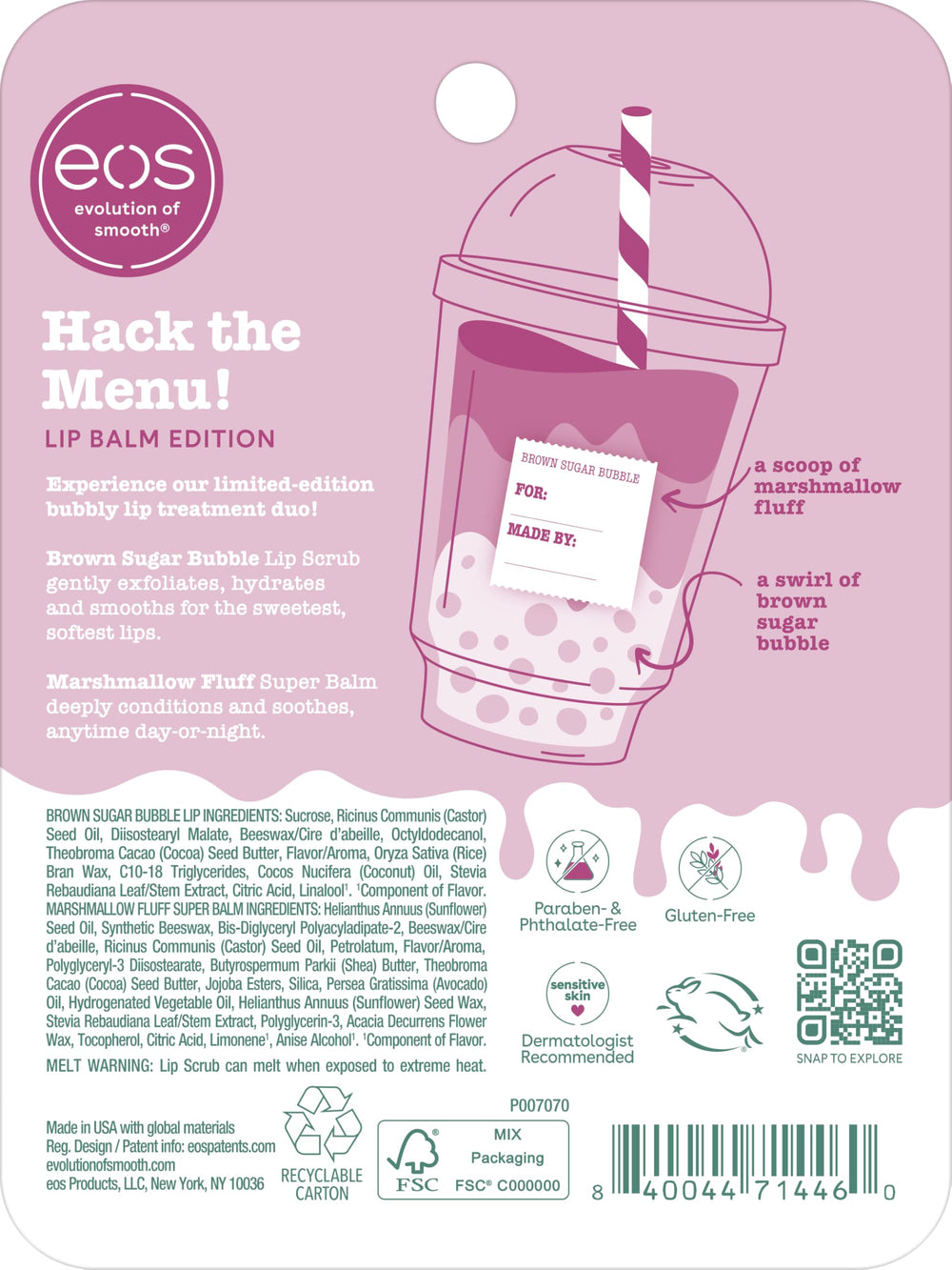 eos Flavor Lab Secret Menu Gift Set label close-up with flavor-inspired experience.