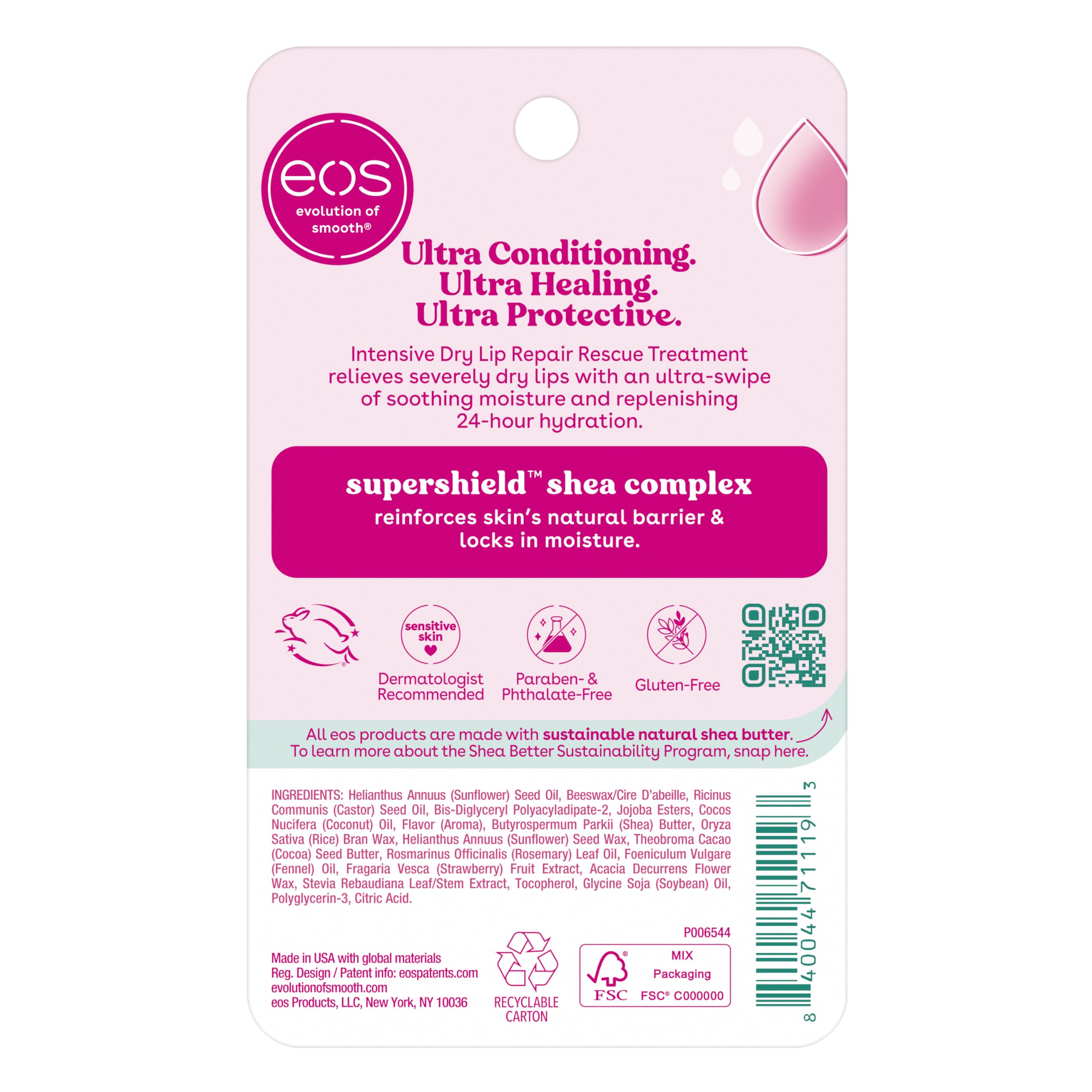 eos Hero Lip Repair packaging clean design signals hypoallergenic care