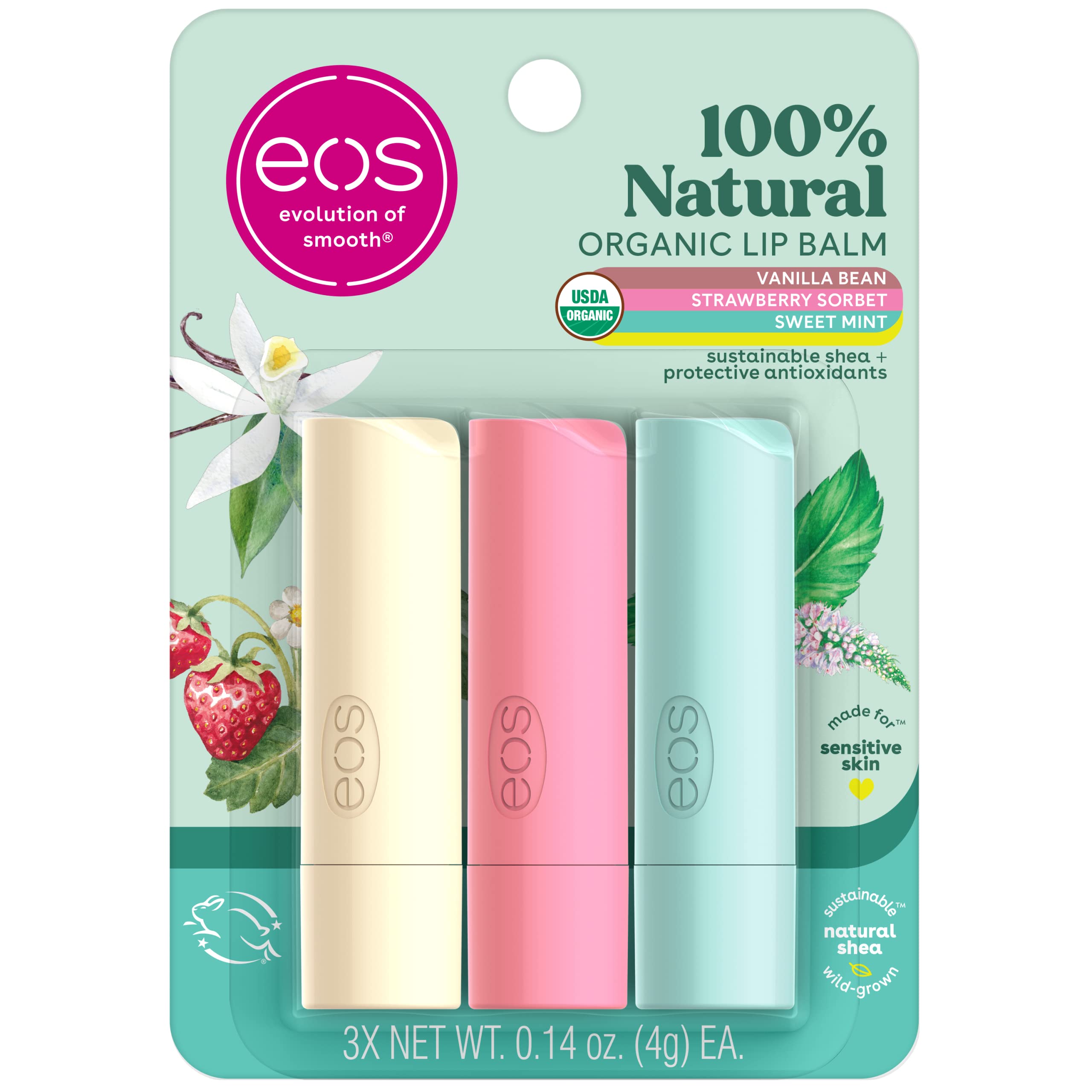 El bálsamo eos vainilla-frontal ofrece hidratación suave y sabor agradable durante todo el día.
