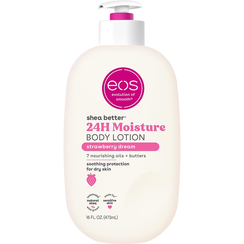 EOS Loción corporal Fresa Sueño, botella visible para hidratación suave diaria