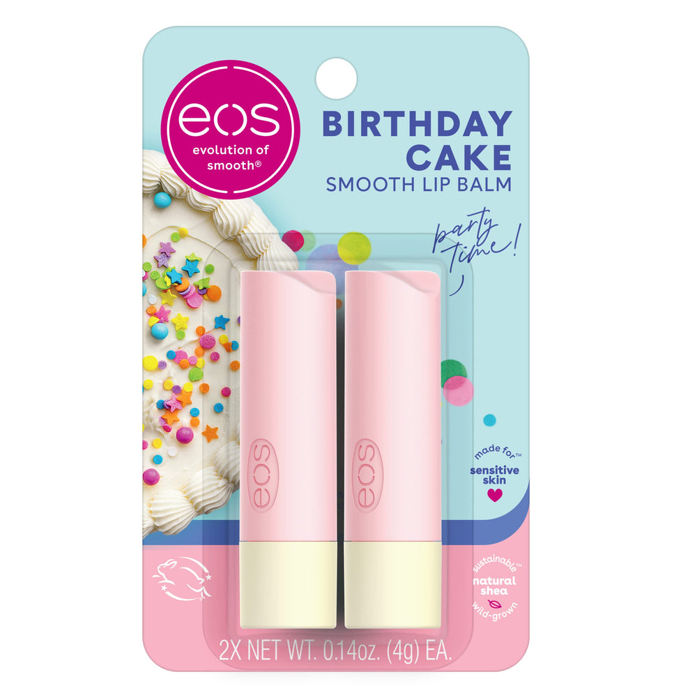 eos Natural Shea Birthday Cake lip balm front view for all-day moisture