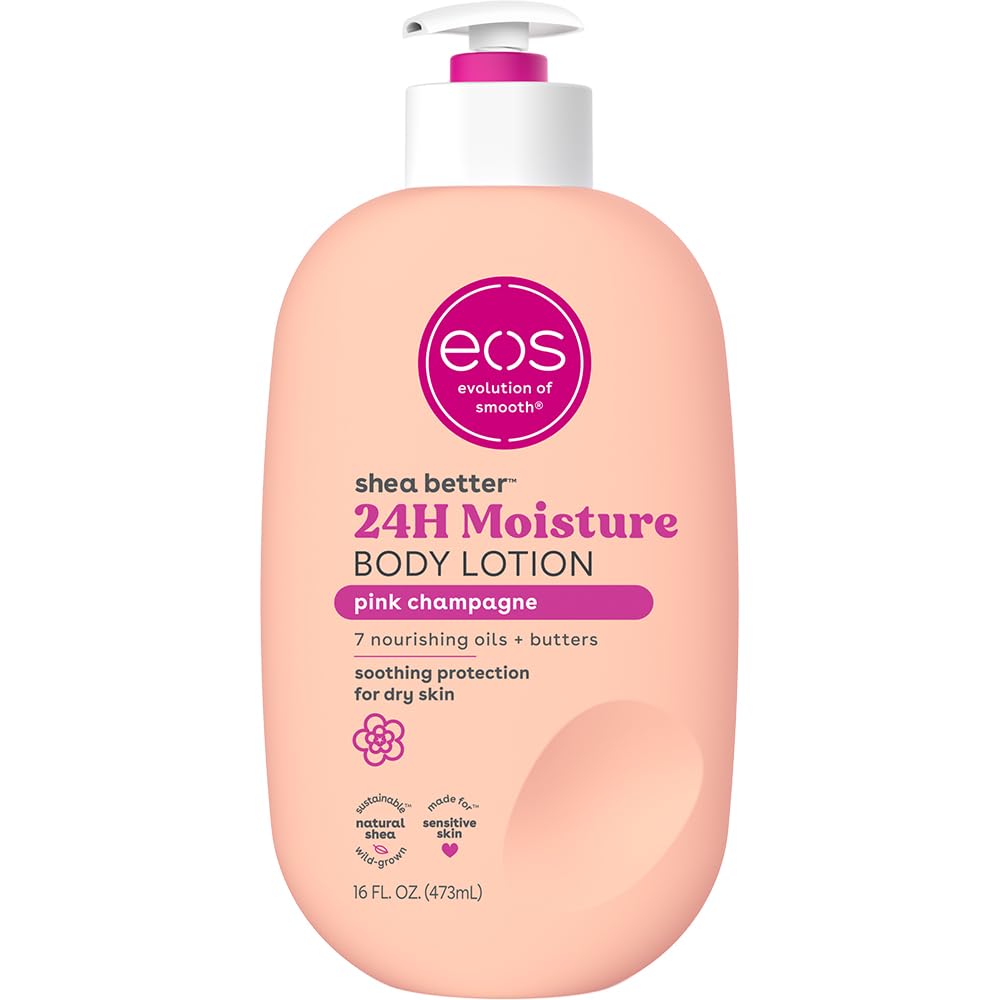 Loción corporal eos Pink Champagne, absorción rápida para piel suave.