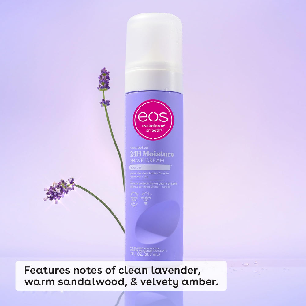 eos shave cream lavender jar closeup shows creamy texture for sensitive skin.