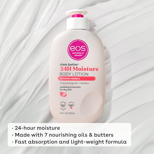 EOS Coconut Waters lotion delivers 24-hour moisture without heaviness or sticky residue.