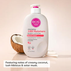 EOS Coconut Waters lotion texture swatch shows lightweight, non-greasy finish.