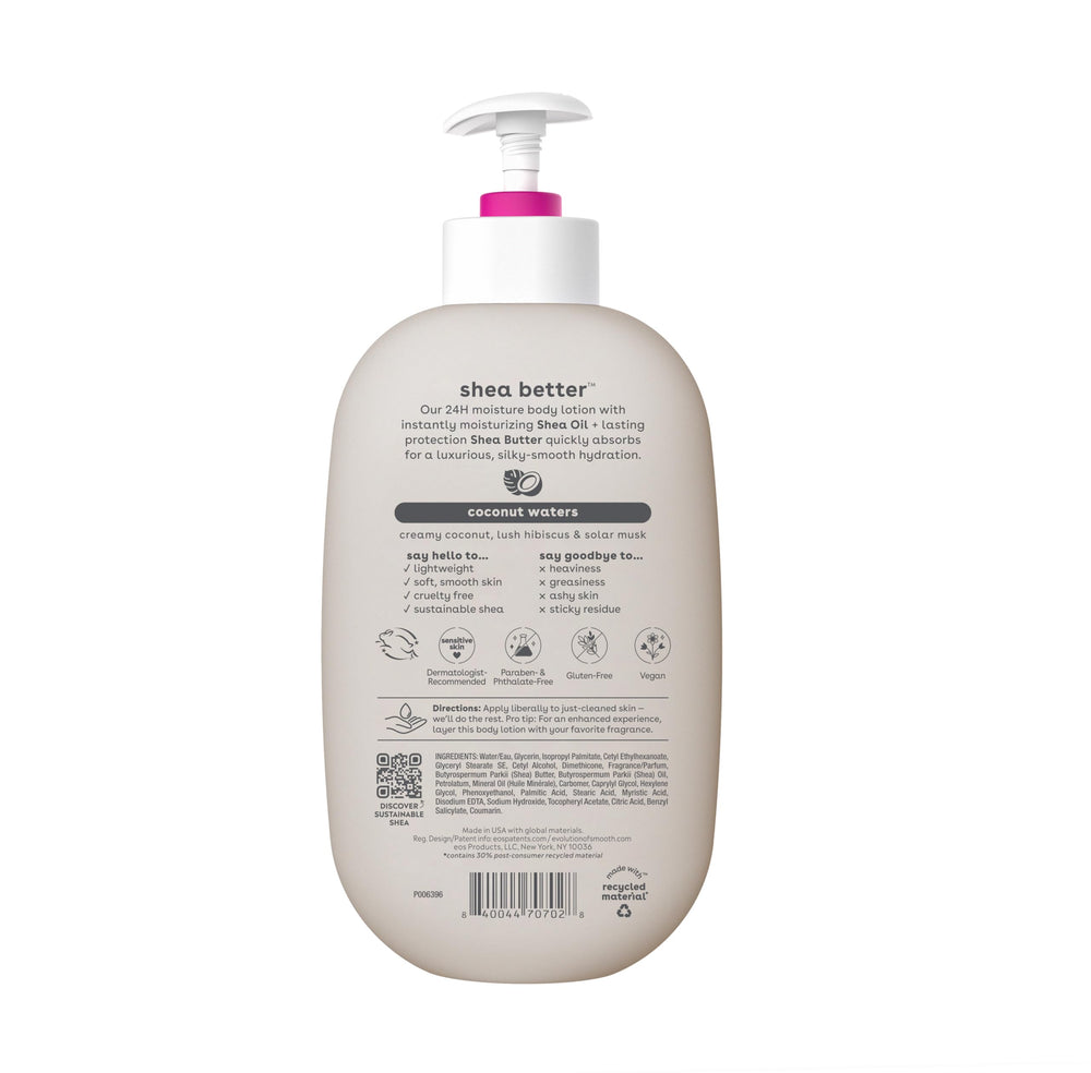 EOS Coconut Waters body lotion sinks into skin after shower rituals.
