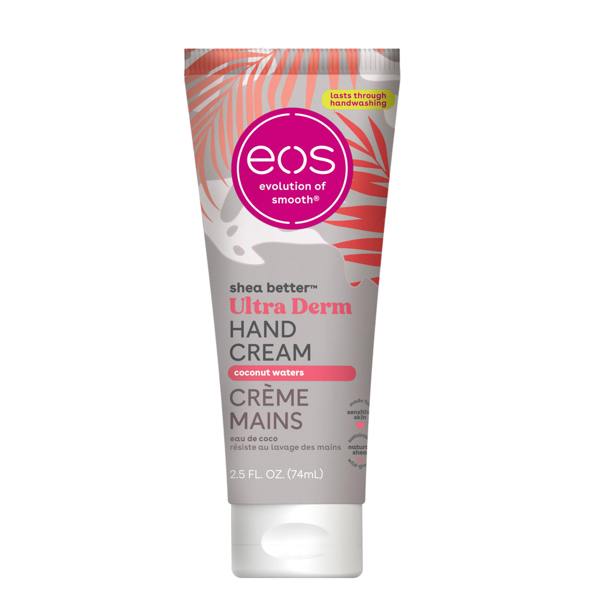 eos Shea Better Hand Cream Coconut bottle showing 24-hour moisture for dry hands.