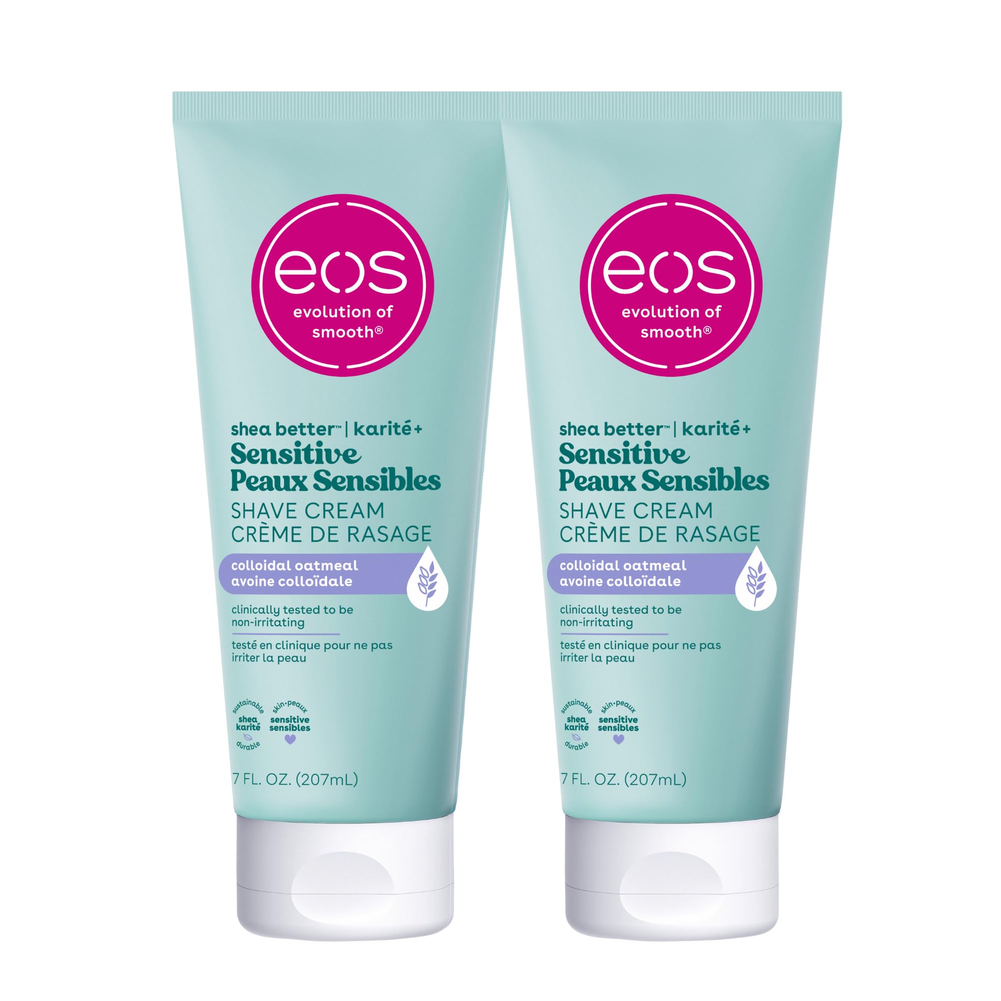 eos Shea Better Sensitive Skin Shave Cream two-pack front view showing fragrance-free hydration