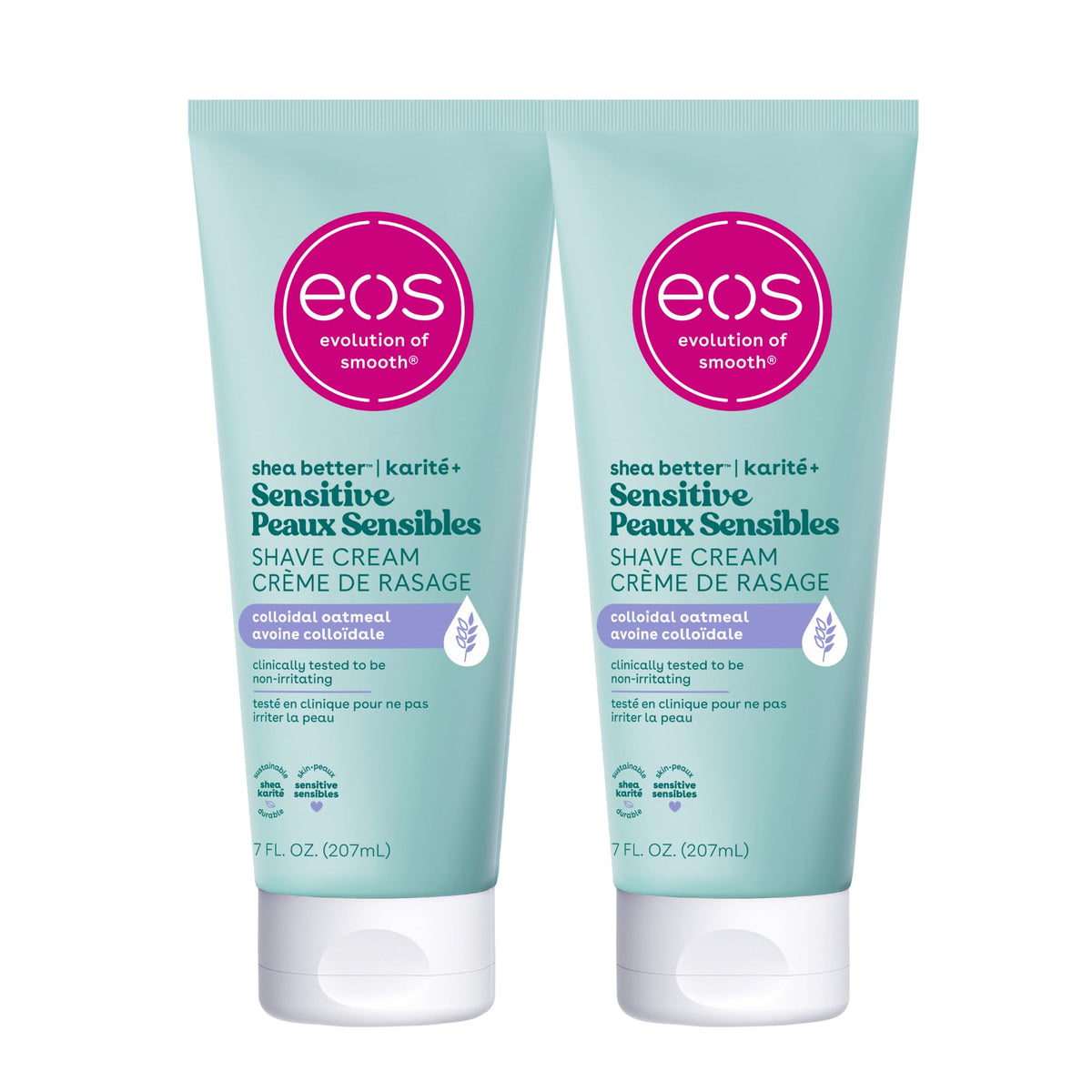 eos Shea Better Sensitive Skin Shave Cream two-pack front view showing fragrance-free hydration