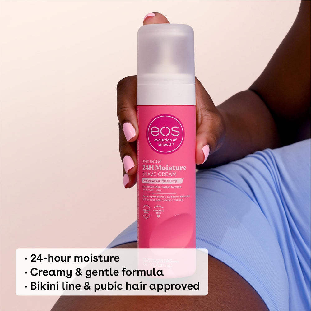 eos Shea Better Shave Cream application demonstrates gentle, effective shaving.