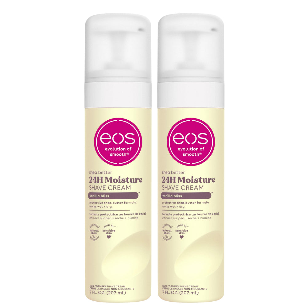 EOS Vanilla Bliss shave cream bottle for a silky, moisturized shave.