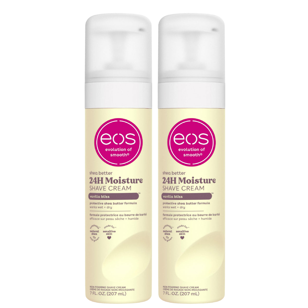 EOS Vanilla Bliss shave cream bottle for a silky, moisturized shave.
