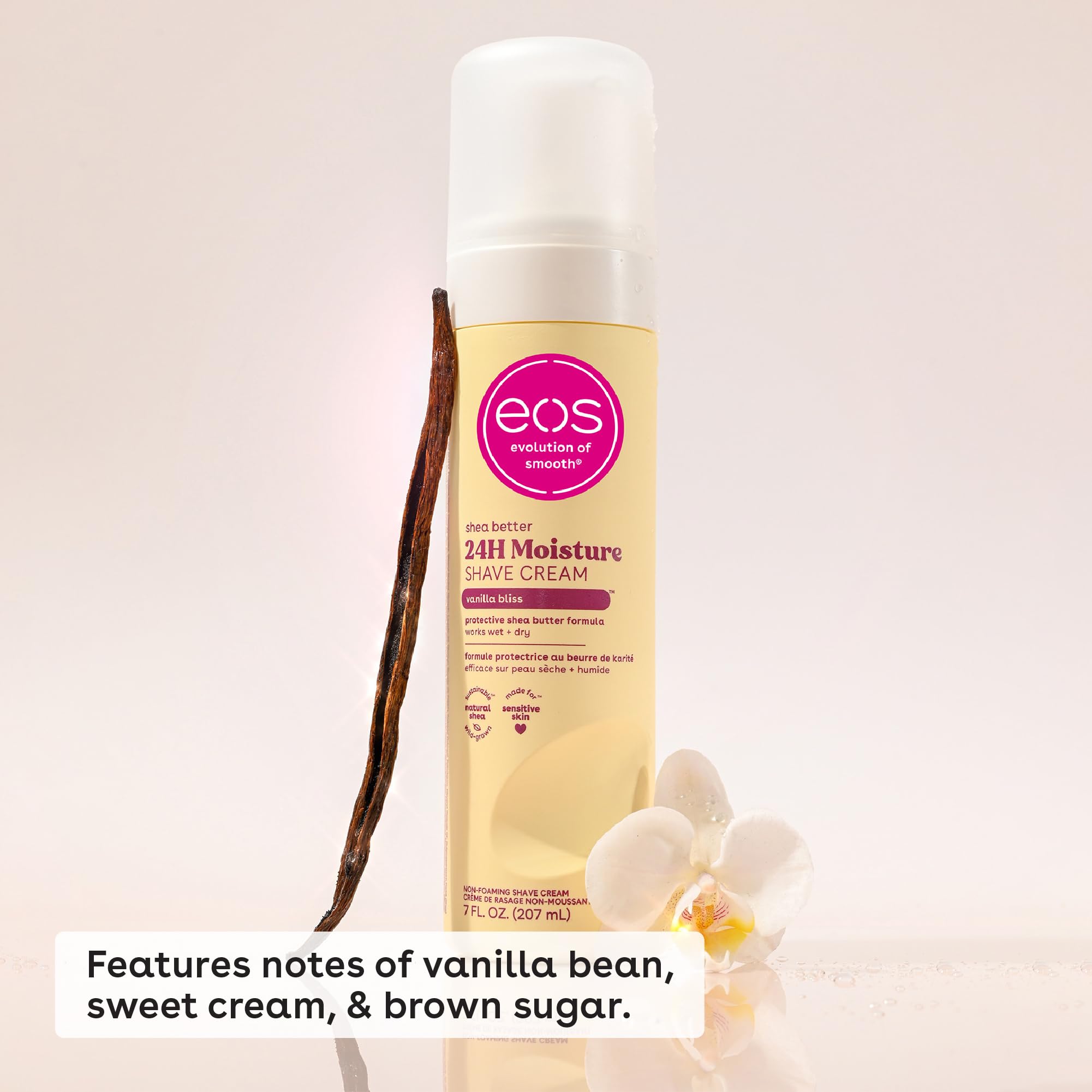 Close-up of EOS Vanilla Bliss texture, highlighting creamy, moisturizing formula.