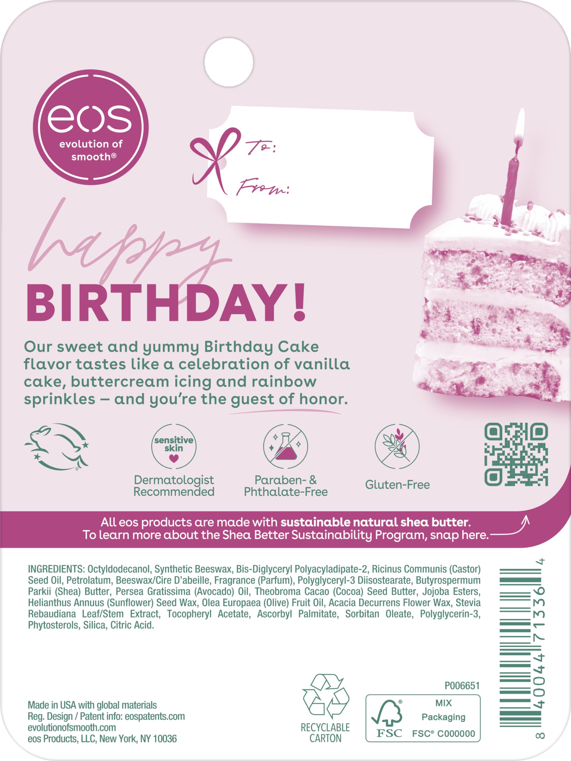 Fórmula sin parabenos, sin gluten y libre de crueldad animal de eos.
