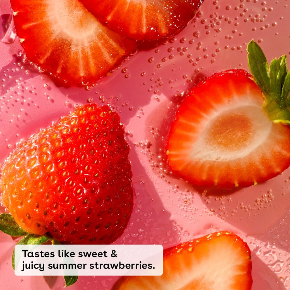 EOS Strawberry Sorbet lip balm packaging highlights flavor and use.
