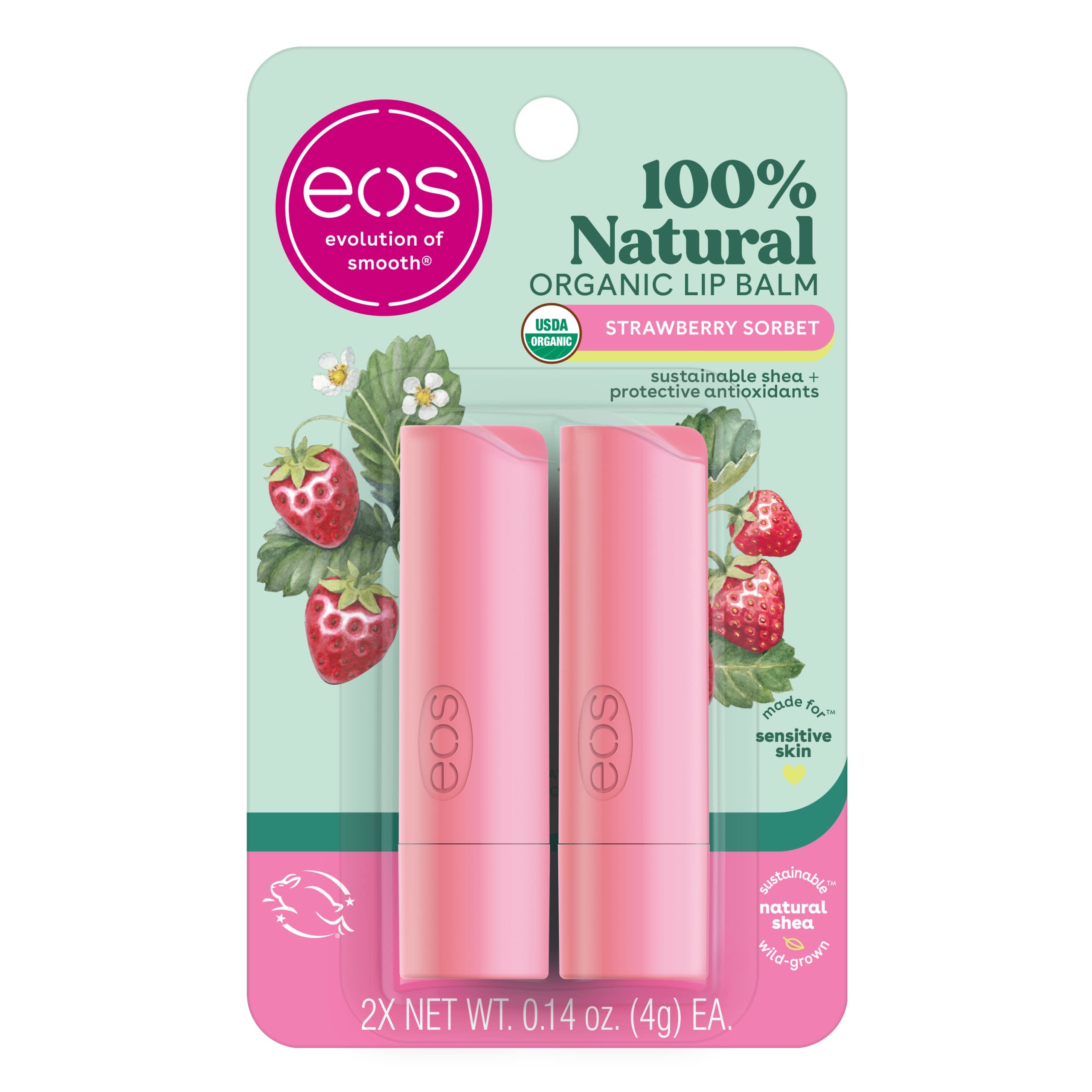 EOS Strawberry Sorbet lip balm stick provides smooth hydration and refreshing flavor